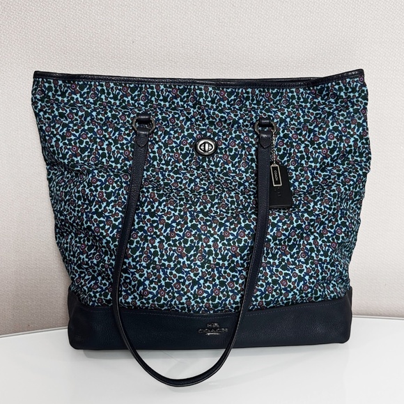 Coach F59435 Navy Floral Print Leather/Nylon Large Tote Shoulder Bag - Picture 3 of 12